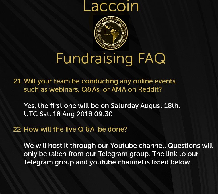LACCOIN's tweet photo. We are going to do a series of the 40 most asked questions. We aim to help clarify any confusion of our mission, ambitions and goals for Laccoin.  Question 21 and 22. #bounty, #laccoin, #preico, #cryptocurrency #ETH
https://t.co/D6FGhYOK2k, https://t.co/STWk628GC6 https://t.co/9638WrlxLg