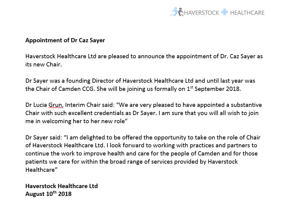 Haverstock Healthcare would like to announce that Dr Caz Sayer has been appointed as our new Chair.