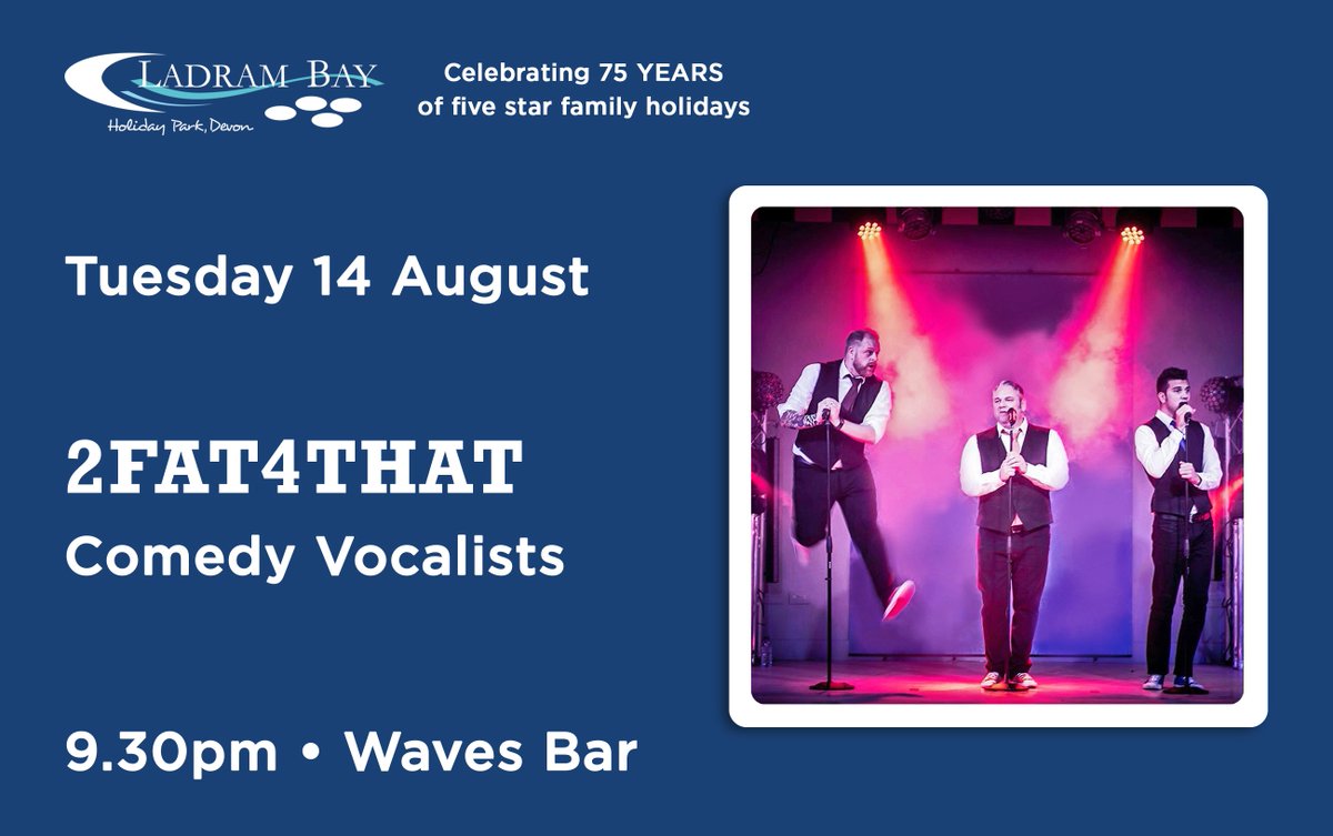 LadramBay's tweet photo. The wonderful @2Fat_4That are back once again at #Ladrambay! Pop in to Waves Bar at 9.30pm to enjoy some visual laugh-out-loud comedy. @VernAllenAgency @visitsouthdevon @eastdevonhour @exmouthhour @Devon_Hour @VisitDevon @PremierParks @BestBritishPark @BHHPA https://t.co/dWgmOxPbUR