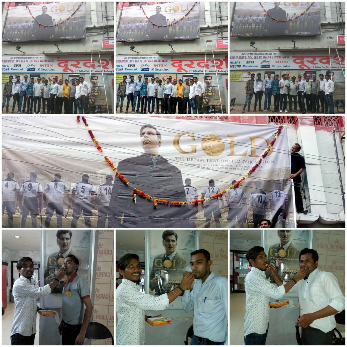 Bhushanadhau1's tweet photo. A Newly Started Fan Club #AmravatiAkkians Celebrations Started Before 2 Days With Garland To Posters And Distributing Sweets #2DaysToGold #GoldFDFS #GoldMovie Do Join Them All Amravati Fans Of @akshaykumar Sir 
@excelmovies 
@vishalrr 
@kagtireema 
@FarOutAkhtar https://t.co/6WqHUGNbuN