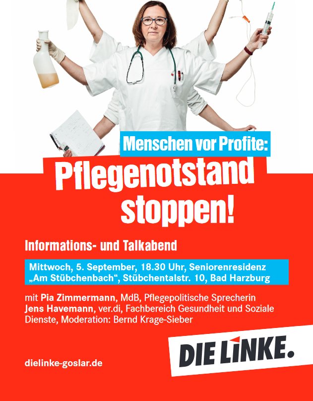 linksjugendGS's tweet photo. #Info- und #Talkabend : #Pflege!

#PFLEGENOTSTAND STOPPEN !!!

#Respekt - #Anerkennung - #Würde
#Pflegebedürftige, #Pflegekräfte.

Mittwoch 5. September, 18.30 Uhr, Seniorenrezidenz ,,Am Stübchenbach", Stübchentalstr. 10 #BadHarzburg.

 #Goslar #Niedersachsen #Harz #DieLinke https://t.co/dU2etuIqcV