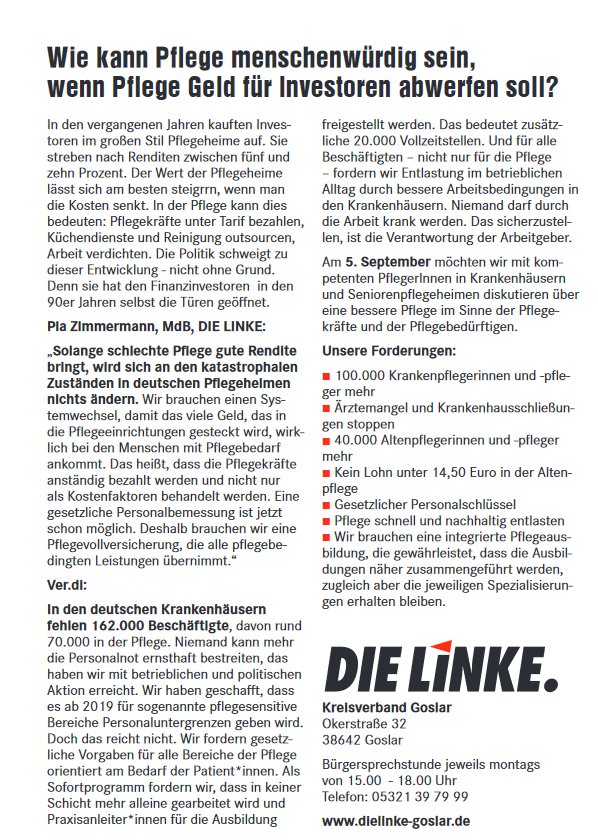 linksjugendGS's tweet photo. #Info- und #Talkabend : #Pflege!

#PFLEGENOTSTAND STOPPEN !!!

#Respekt - #Anerkennung - #Würde
#Pflegebedürftige, #Pflegekräfte.

Mittwoch 5. September, 18.30 Uhr, Seniorenrezidenz ,,Am Stübchenbach", Stübchentalstr. 10 #BadHarzburg.

 #Goslar #Niedersachsen #Harz #DieLinke https://t.co/dU2etuIqcV