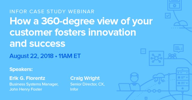 AmandaBorgen's tweet photo. How a 360-degree view of your #customer fosters innovation and success. Hear from @JohnHenryFoster &amp; @InforCX during a webinar August 22 – register now! #Marketo #InforCRM https://t.co/Z6Wv3enU6M #TeamInfor https://t.co/Cy2N6CqjmH