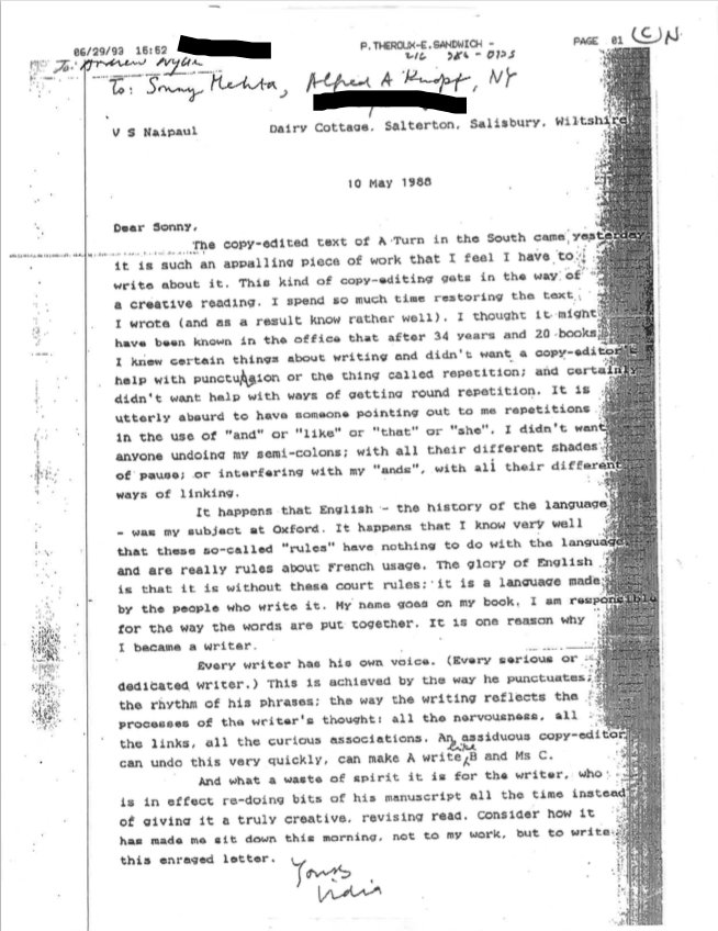 V.S. Naipaul instructs his US publisher to not mess with his punctuation, in artfully punctuated angry letter