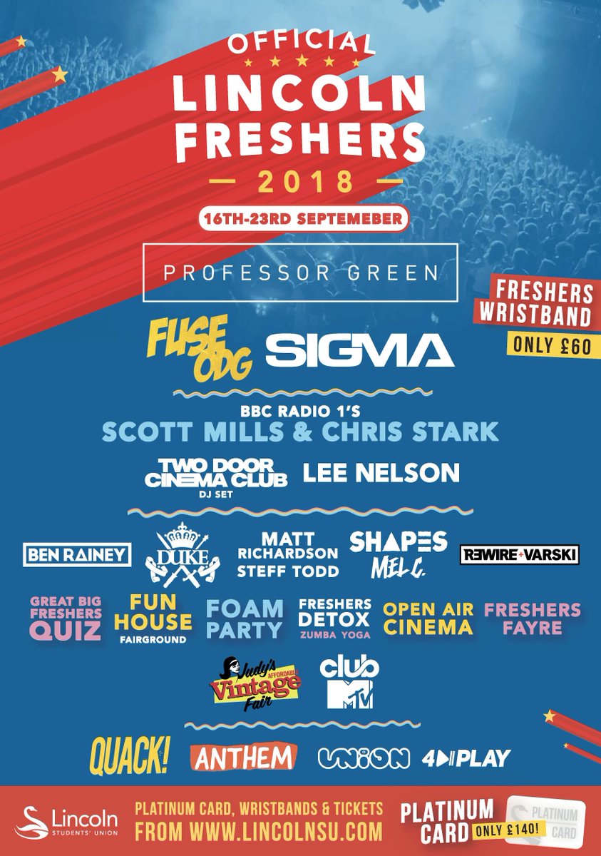 lincolnSU's tweet photo. Here it is… your #LincolnFreshers 2018 line-up!
 
★★★ RT this post for your chance to win a Platinum Card ★★★

Follow @FreshersLinc18 for the latest updates https://t.co/aw8D7kczpI
