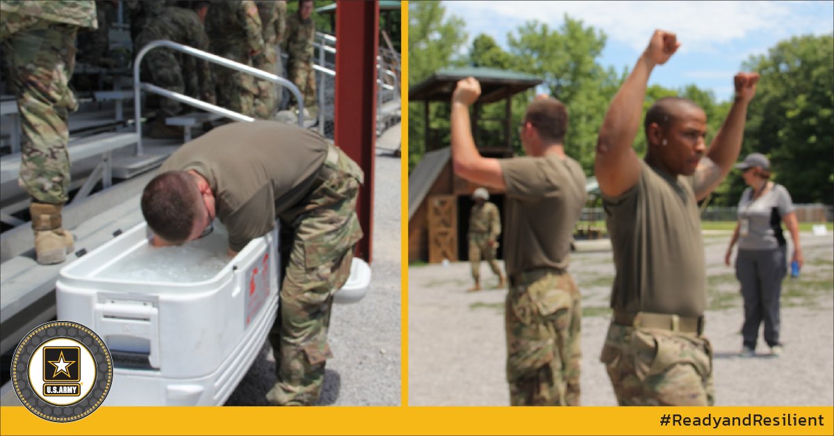 ArmyResilience's tweet image. Extreme heat can affect physical readiness and performance. To cool down quickly, Cadets submerge their arms in water, then raise them to regulate their body temperature. #ArmyROTC #cadetcommand