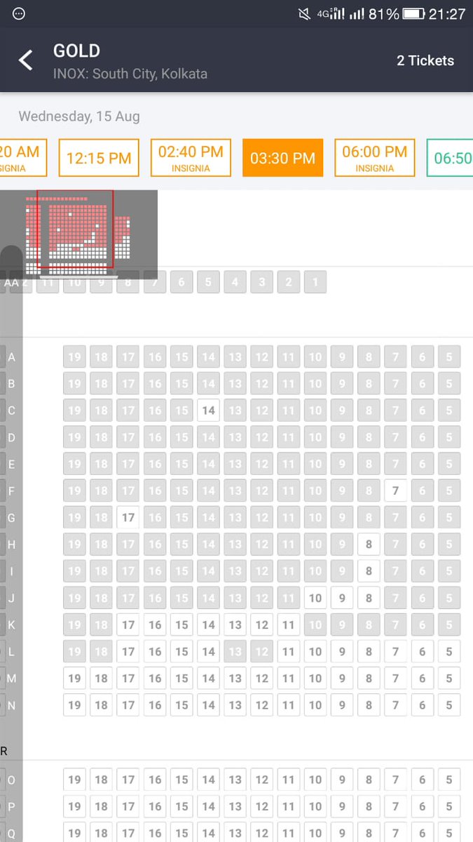 akshayrenukdas's tweet photo. #GoldMovie Advance Booking #Kolkata 

INOX : South City, Kolkata

All 9 shows 40-45% booked already.

Seating Capacity 145+ seat regular

Insignia 50+ seats

@akshaykumar @Roymouni @FarOutAkhtar @kagtireema @ritesh_sid @excelmovies 

#2DaysToGold #Gold https://t.co/No2dnZsNgV
