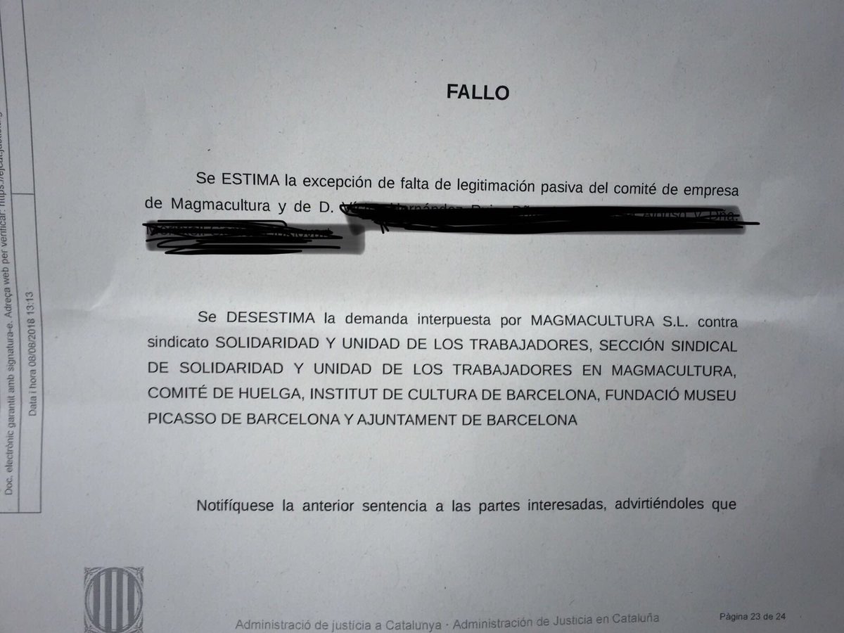 vaga_magma's tweet image. El Jutjat Social nº2 de Barcelona ha desestimat la demanda de @magmacultura contra @sut_bcn en la que demanava la il.legalització de la vaga convocada al @museupicasso, @MACBA_Barcelona, @cececebe i la Sala Ciutat. 

Més avall, alguns detalls 👇