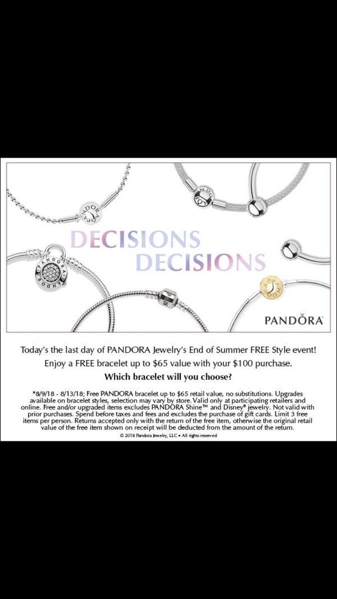 PandoraFPM's tweet photo. Today is your last chance to get a free bracelet! Which one will you choose? Hurry in! #pandora #jewelry #bracelet #summersale https://t.co/FJ9aXid7gk
