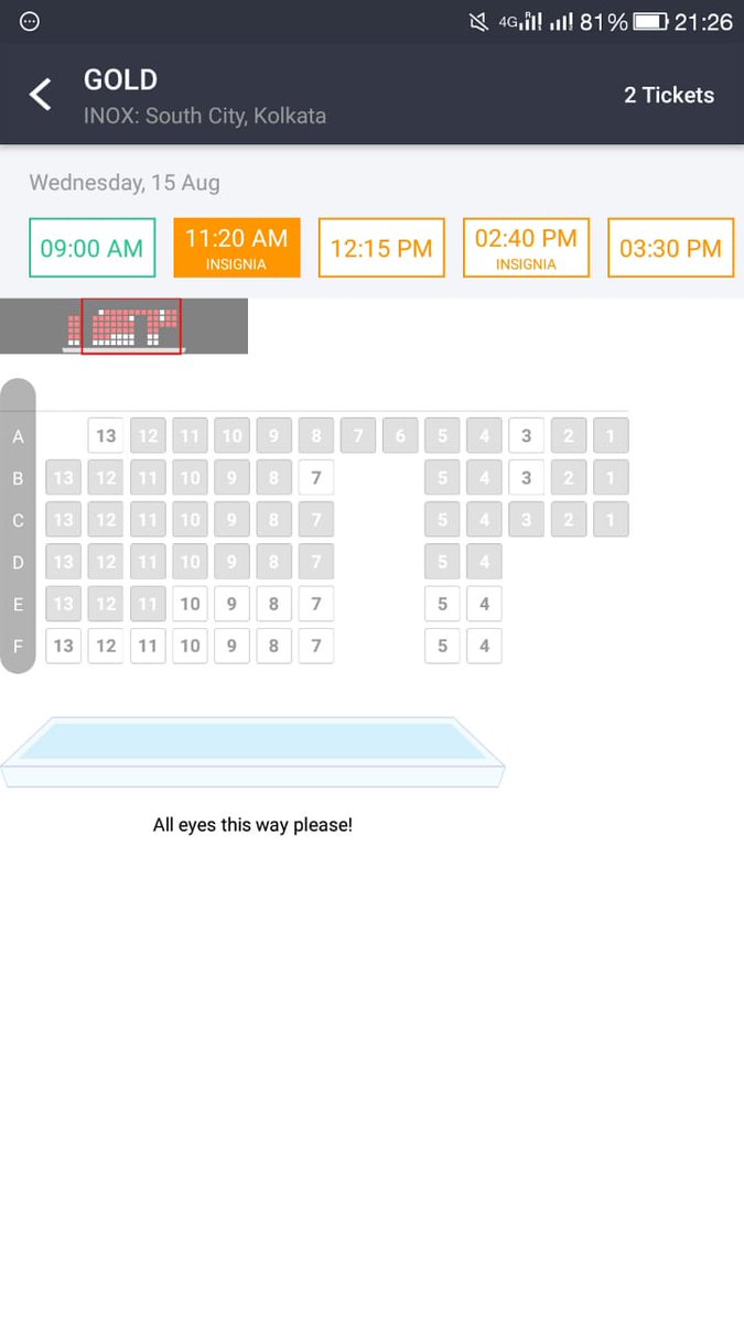 akshayrenukdas's tweet photo. #GoldMovie Advance Booking #Kolkata 

INOX : South City, Kolkata

All 9 shows 40-45% booked already.

Seating Capacity 145+ seat regular

Insignia 50+ seats

@akshaykumar @Roymouni @FarOutAkhtar @kagtireema @ritesh_sid @excelmovies 

#2DaysToGold #Gold https://t.co/No2dnZsNgV