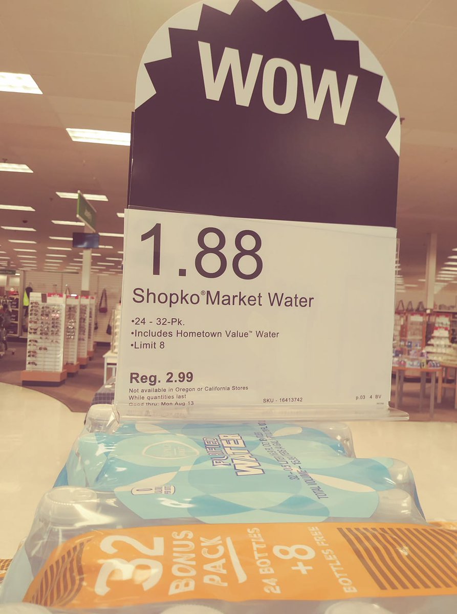 CenturyHSBands's tweet photo. WATER SALE: Shopko 24-32 packs of bottled water for only $1.88 each. Limit 8 but the sale ends today. Sorry for the late notice but I just saw it yesterday. https://t.co/ntgtKgDLiE