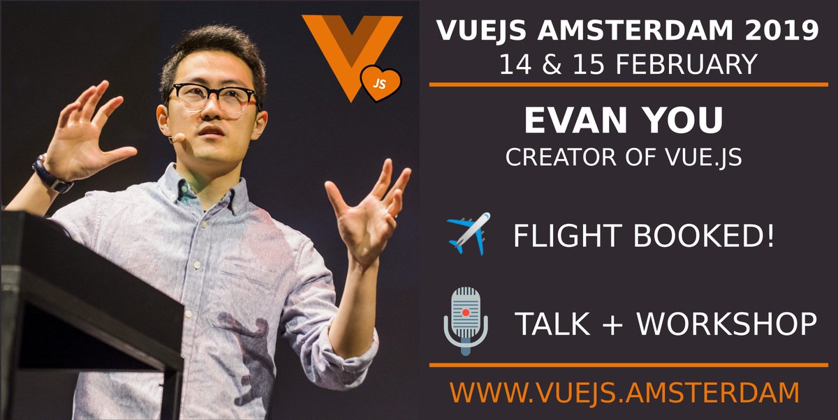 So excited to announce Evan (<a href="/youyuxi/">Evan You</a>) from <a href="/vuejs/">Vue</a> will be live in person at #vuejsamsterdam  😻
For a detailed talk on big changes to the #vuejs ecosystem. And an advanced #vue workshop! 🚀
Buy tickets now for as low as €359 for 2-days! eventbrite.co.uk/e/vuejs-amster…
RT⭐️