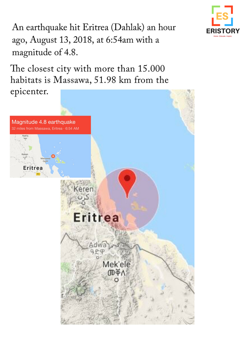 eristory91's tweet photo. An earthquake hit #Eritrea (#Dahlak) 1 hours ago, August 13, 2018 at 6:54am with a magnitude of 4.8. #Massawa is 51.98 km from the epicenter. https://t.co/RVYJZ7fjEx
