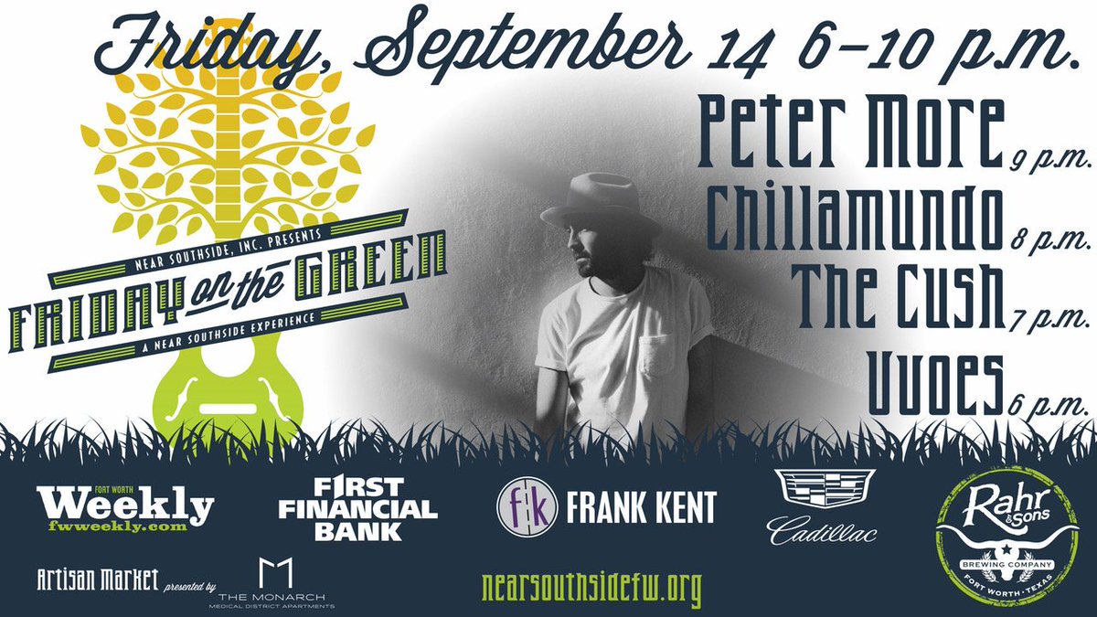 nearsouthside's tweet photo. We hope it brightens up your Monday to know that #FridayontheGreen is back on September 14 with @PeterMoreMusic, #chillamundo, @TheCush2, and @_vvoes. Because, you know, Mondays. #nearsouthside https://t.co/3PcxWWM75J