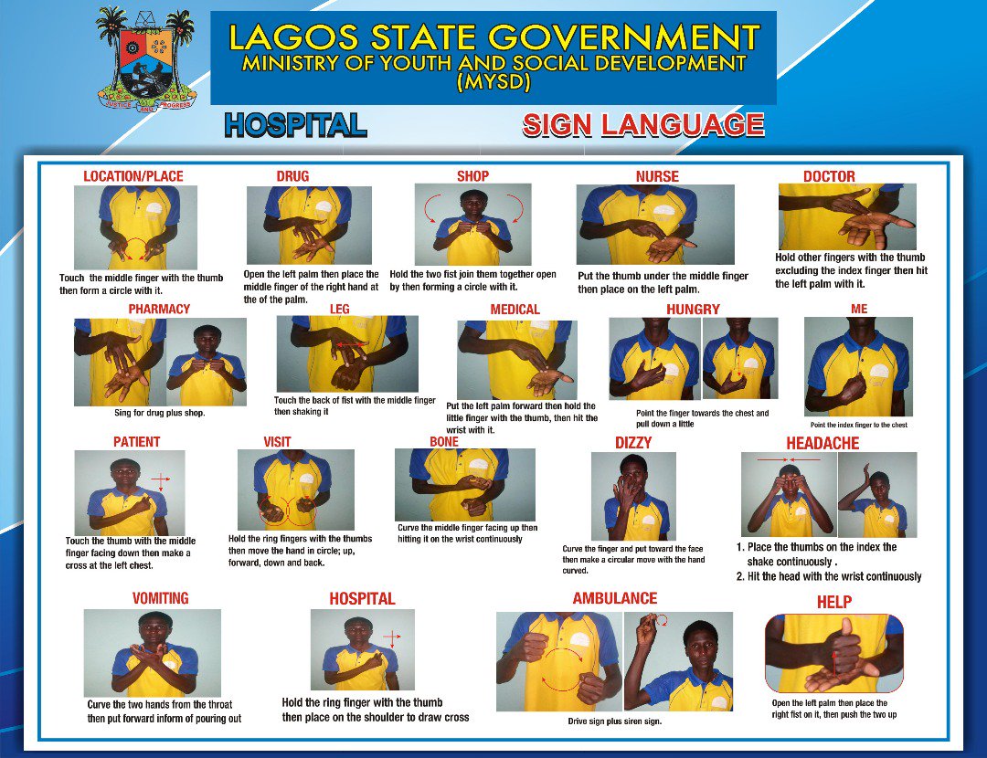 lagosmysd's tweet photo. LAGOS UNVEILS SIGN LANGUAGE POSTERS TO BRIDGE COMMUNICATION BARRIER IN DIFFERENT PROFESSIONS. https://t.co/PJooXhkt6z