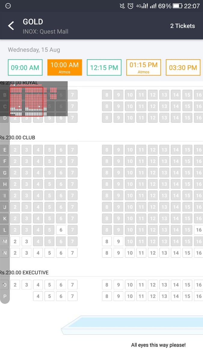 akshayrenukdas's tweet photo. #GoldMovie Advance Booking 15th August #Kolkata 

INOX : Quest Mall(Atmos), Kolkata

All 7 shows 60-65% booked already.

Seating Capacity 260+ seats

@akshaykumar @Roymouni @FarOutAkhtar @kagtireema @ritesh_sid @excelmovies @kapoorkkunal

#2DaysToGold #Gold https://t.co/Zmv8Jx0eJa