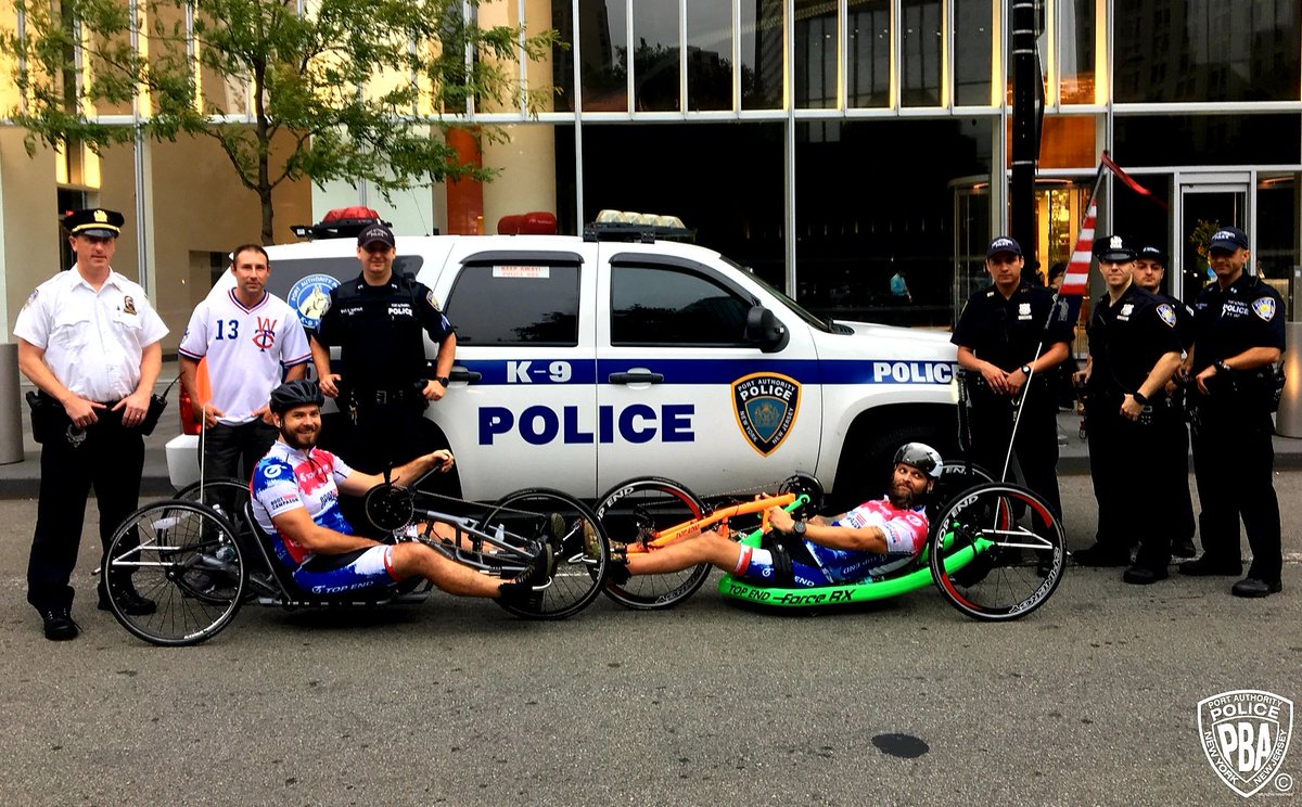 #PAPD helped send off Rick Raley (R) on his 13-day, 1,500 mile hand-cycle tour from the 9/11Memorial ro Pinellas Park, FL, in support of the Boot Campaign Health & Well Program that helps veterans with PTSD, TBI & chronic pain. #raleyroadtrip @@bootcampaign #PAPDPROTECTSNYNJ