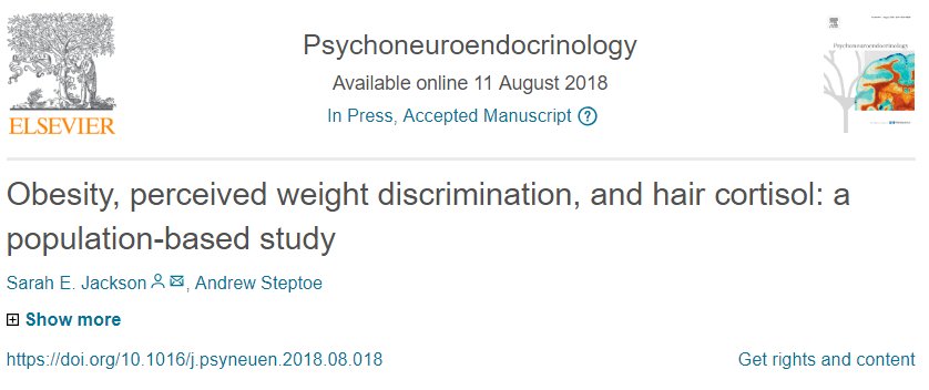 DrSarahEJackson's tweet image. New research: perceived weight discrimination is an important mediator of the association between #obesity and hair cortisol (a marker of chronic #stress) @UCL_BSH