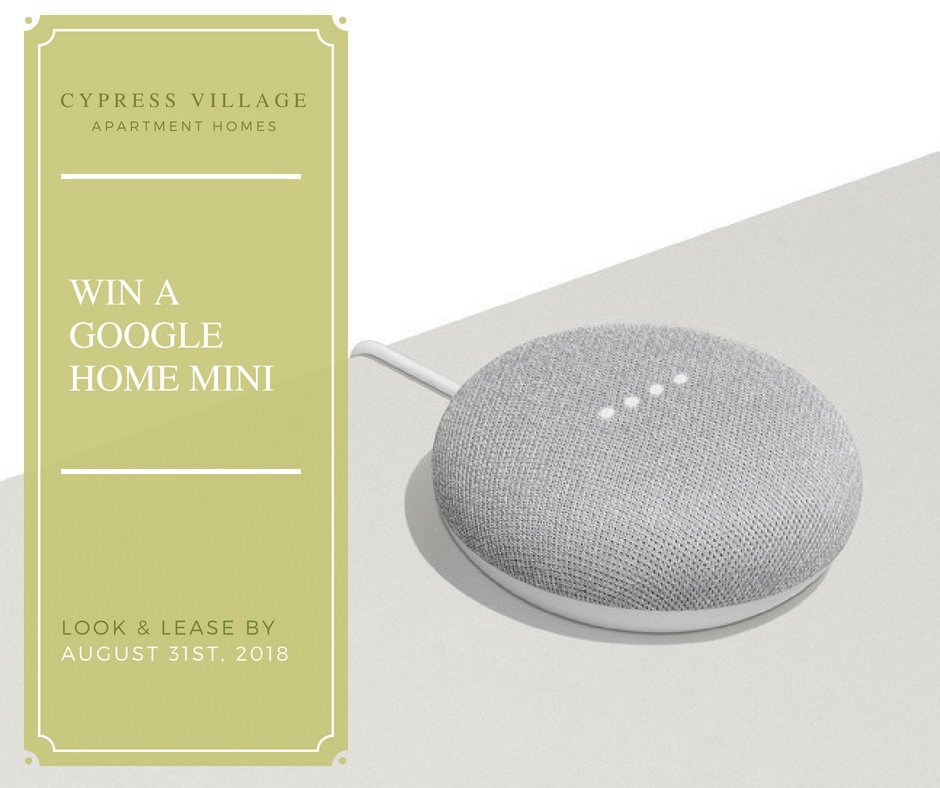 highlineloftsTX's tweet photo. What's better than making your move to Cypress Village?

Making your move to Cypress Village with zero deposit AND winning a Google Home Mini! 🔊

Look and lease before August 31st and you'll be entered in our new resident raffle on September 3rd! https://t.co/xYHJmsGu4S