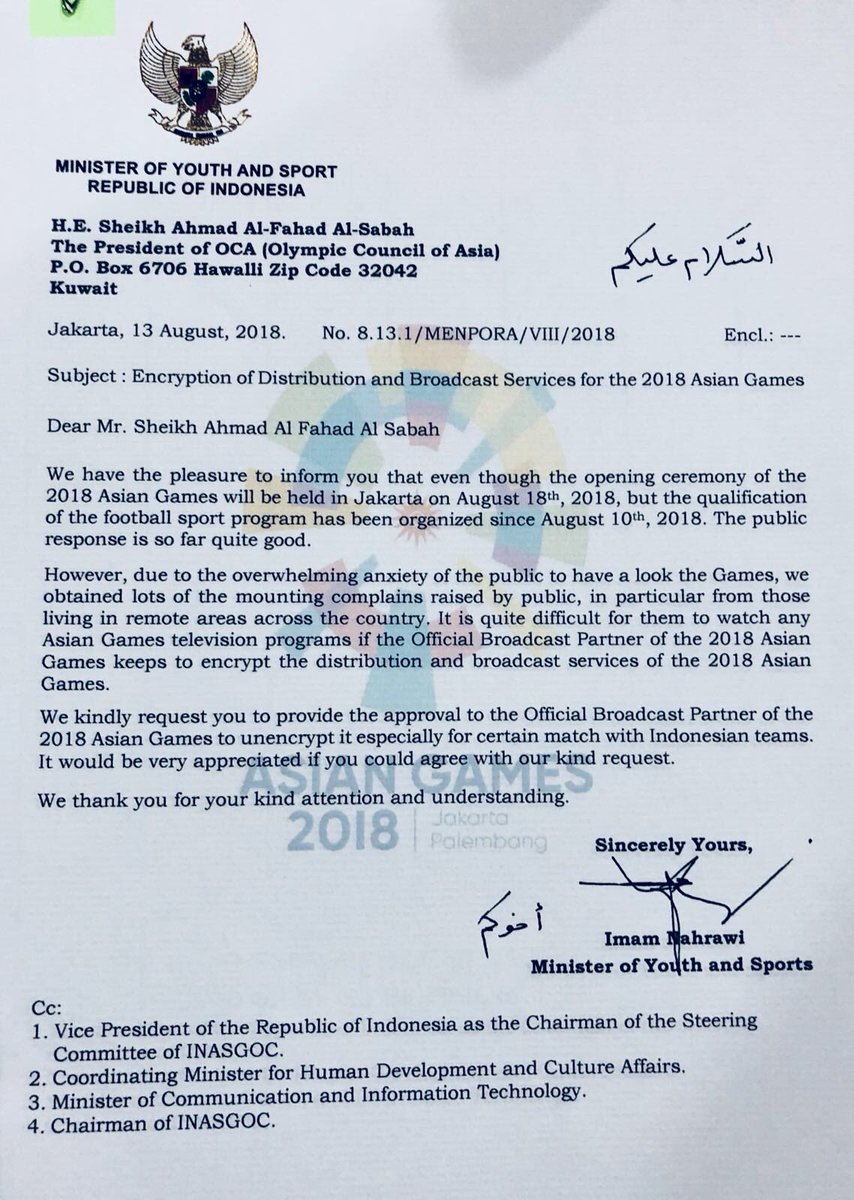 Hari ini saya memanggil Pihak EMTEK Grup utk memperoleh penjelasan terkait diacaknya siaran pertandingan #AsianGames2018 yg dikeluhkan masyarakat.

Saya juga telah berkirim surat kpd OCA dan meminta tayangan pertandingan Asian Games tdk diberlakukan encrypted (diacak).-IN