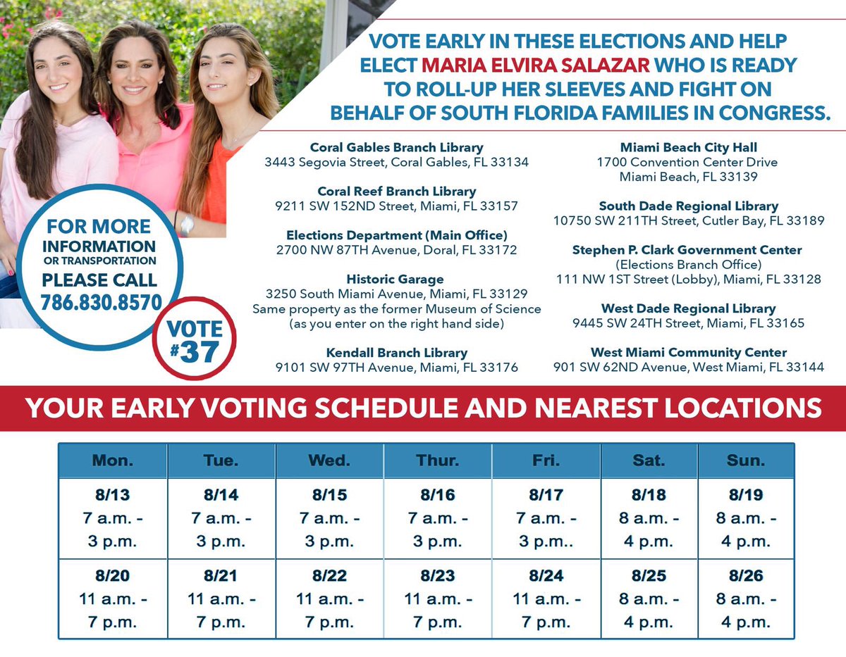 MaElviraSalazar's tweet photo. Here are the Early Voting schedule and nearest locations. Thank you all for your support! 🇺🇸
—
Estos son los horarios y centros para las Votaciones Adelantadas ¡Muchas gracias a todos por su apoyo! 🇺🇸
https://t.co/miwBSWNjE2
#Vote37 #MariaElviraSalazar #TeamMariaElvira #FL27 https://t.co/YkbLKDUdpY