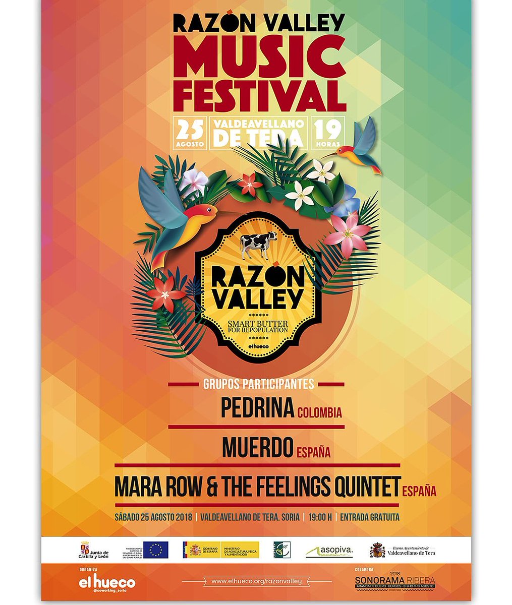 ¡¡¡Música para la #repoblación de la #España Vacía!!! 25 de agosto en Valdeavellano de Tera #Soria Razón Valley Music Festival con <a href="/holapedrina/">Pedrina</a> <a href="/MuerdoMusica/">MUERDO</a> &amp; <a href="/mararow/">Mara Row</a> organizado por #ElHueco con la colaboración de <a href="/sonoramaribera/">Sonorama Ribera</a>  <a href="/asopiva/">asopiva</a> #Presura18 #despoblación #Socent