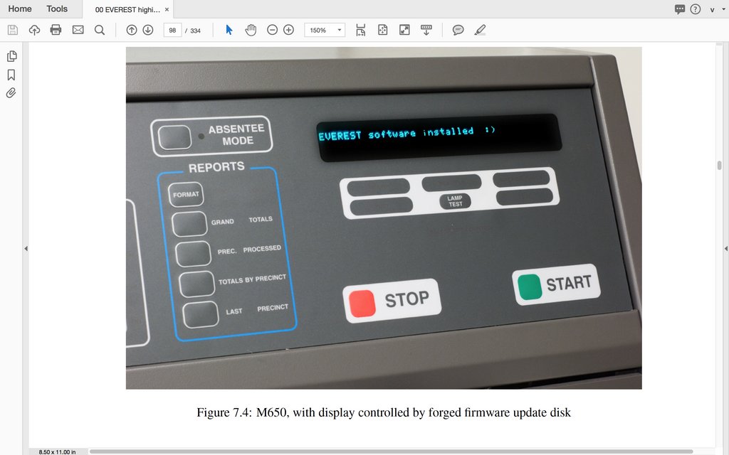 LuluFriesdat's tweet photo. On @TheBradBlog show tonight 7pm, I'll discuss how easy it was to #hack the ES&S #M650 #OpticalScanner #voting machine at #DEFCON. It's used in 24 states to count thousands of absentee & provisional ballots. Screenshots from #EVEREST report from 2007. https://t.co/ckhHS4BgBH https://t.co/9bNShbrj78