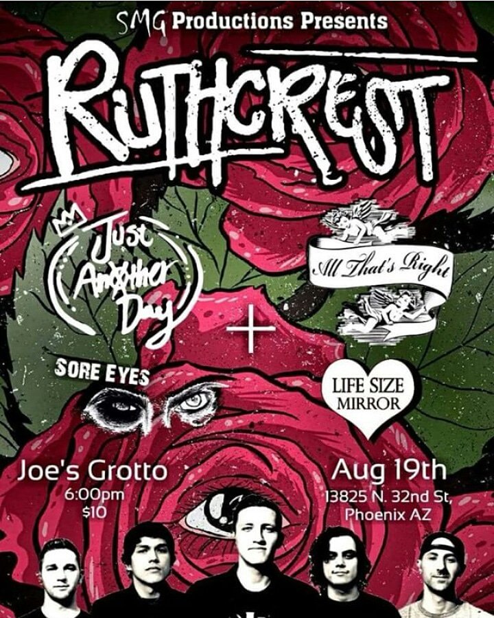 XClayDoughX's tweet photo. All That's Right Is Playing At Joe's Grotto On August 19th Its Our First Show And It's Gonna Be Fuckin' Rad! It's $10 To Get In Come On Out! #allthatsright #ruthcrest #justanotgerday #soreeyes #lifesizemirror #joesgrotto #localaz #azmusic #azpunk #punkrock #skatepunk #poppunk https://t.co/Frdkpsxj9K
