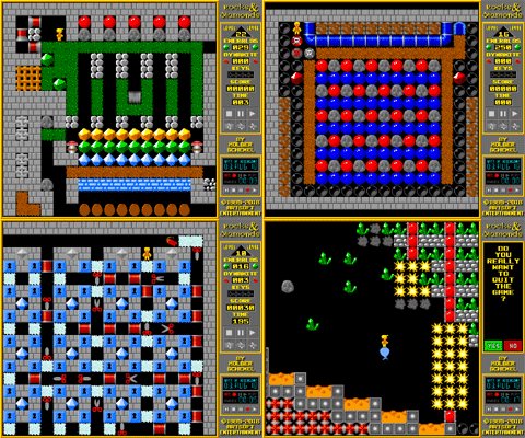 Four gameplay screenshots of Rocks'n'Diamonds levels.
