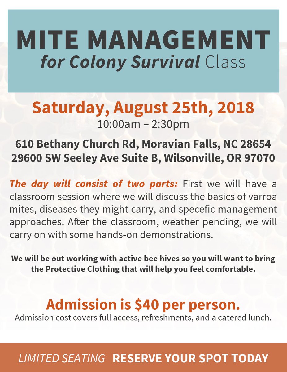 BMBeeFarm's tweet image. One of the most important things you can do to improve your colony’s winter survival is to manage its mite load. Come join us at our Moravian Falls, NC or Wilsonville, OR location on 8/25 to learn about the latest proven techniques in #varroa management. brushymountainbeefarm.com/mite-managemen…