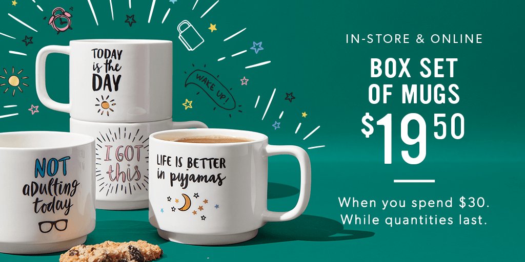 Pick up our Box Set of Mugs for only $19.50 when you spend $30 or more! In-store and online. While quantities last.