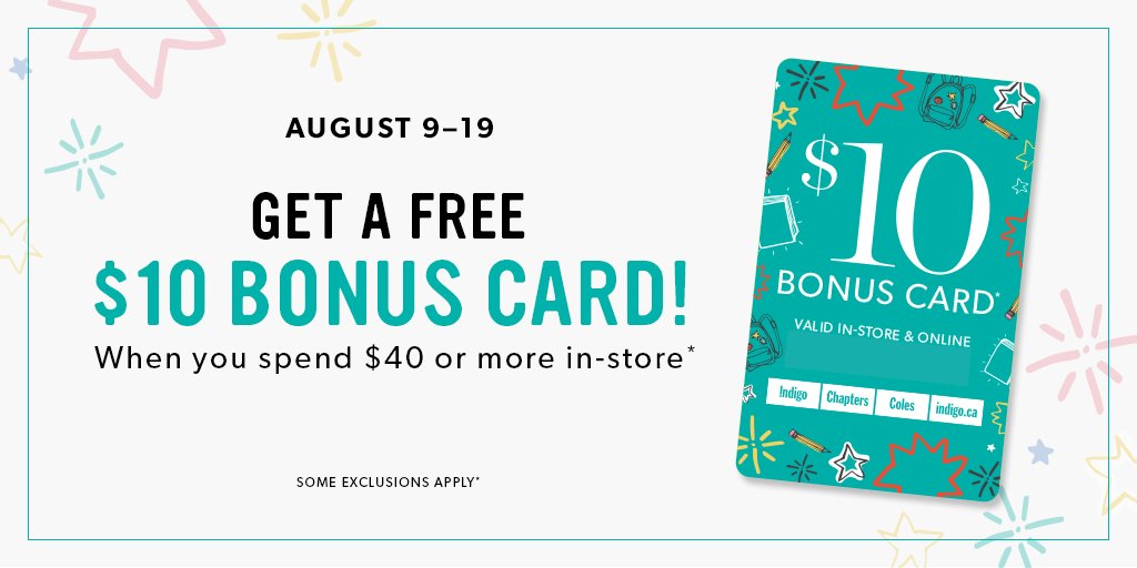 Ready to save? Shop in-store today and get a FREE $10 Bonus Card when you spend $40 or more! In-store only. August 9-19. Some exclusions apply. indig.ca/01mdnz
