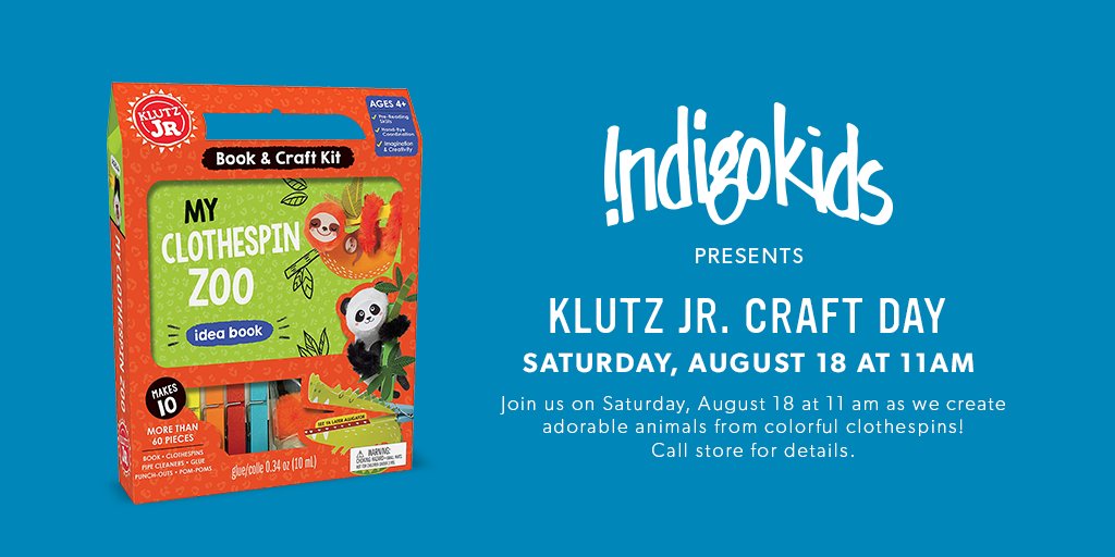 Join us on Saturday, August 18 at 11 am as we create adorable animals from colorful clothespins! Call store for details.