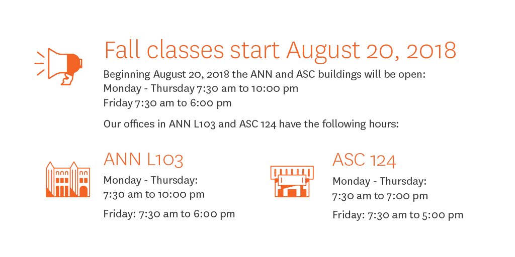 ASCJTechOps's tweet image. Fall classes will begin on Monday, Aug. 20 and our buildings and offices will resume their regular hours of operation. #ascj