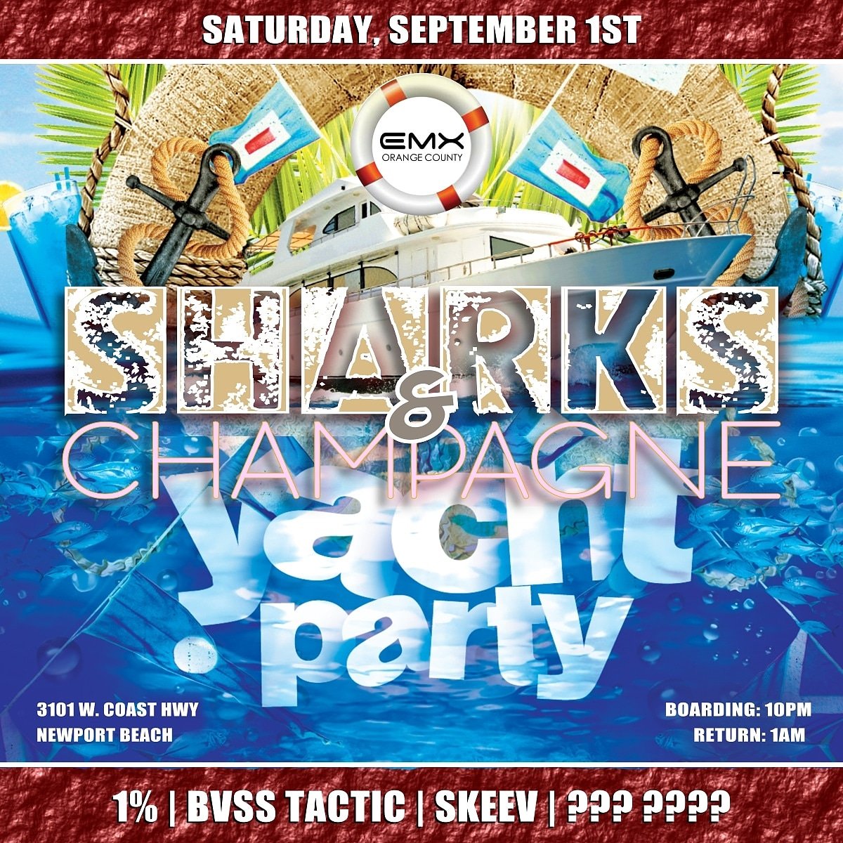 Are y'all ready for this!? 🔥🎧
<a href="/emx/">Emma R</a>.la &amp; <a href="/emx/">Emma R</a>.oc bringing some heavy hitters for this #yachtparty on September 1st in Newport Beach, we're literally gonna rock this boat, and you sure can't miss it!! 
Tickets available here ⬇️⬇️
eventbrite.com/e/sharks-champ…