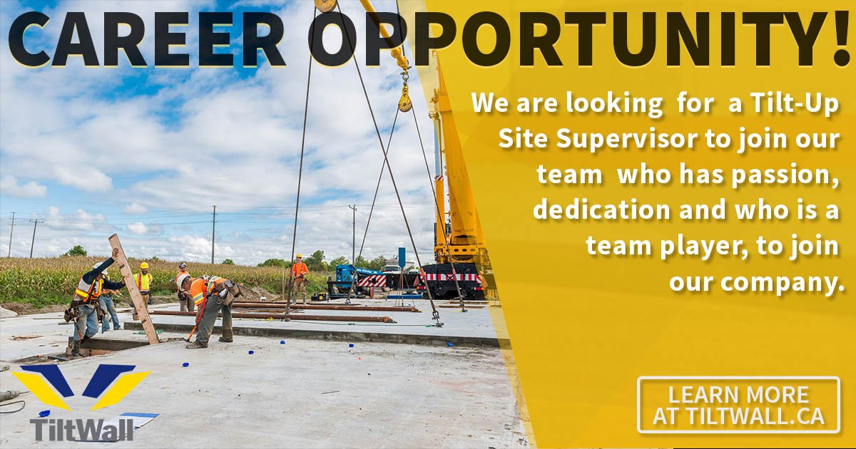 Tiltwallontario's tweet photo. Career Opportunity: We are looking for a Tilt-Up Site Supervisor!
Are you joining our team?
A full-time position, competitive wages, benefits, and a fantastic team.
Learn more at: https://t.co/WiucPHcojE
#construction #careers #sitesuper #jobsitemanagement #tiltup #building https://t.co/gE8j0SKaWV