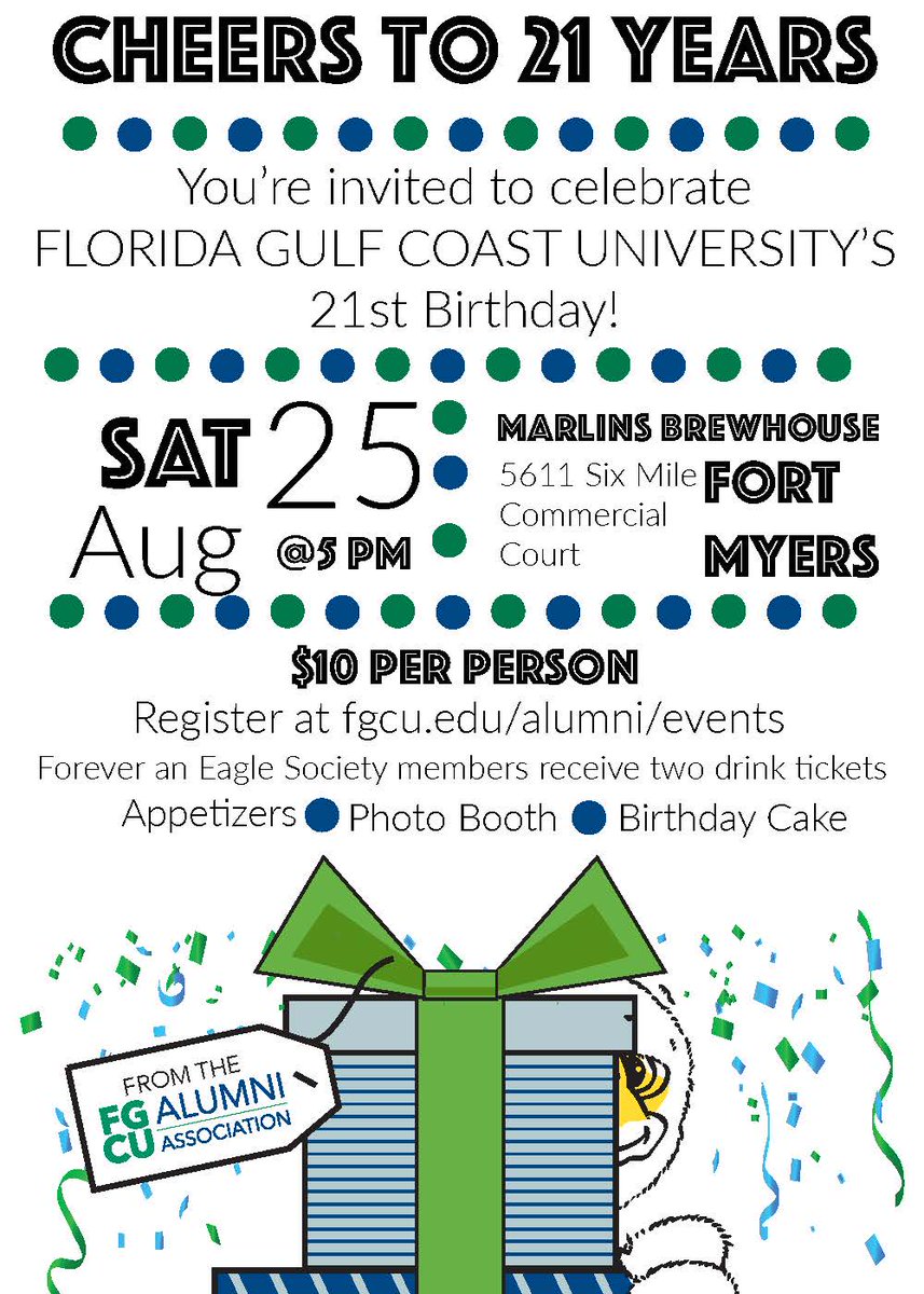 FGCUalumni's tweet image. @fgcu is finally legal! Register to celebrate the big day at @marlinsbrew on August 25 with your fellow #fgcualumni Good food, drinks and birthday cake! Tickets are only $10 bit.ly/2MfKvUY