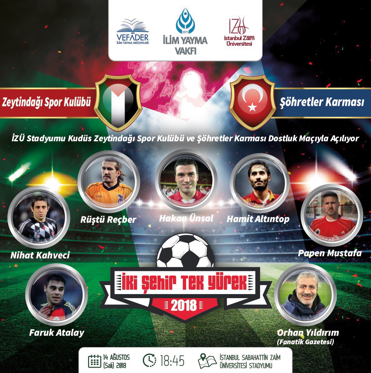 zaimuniv's tweet photo. Büyük açılışa saatler kaldı!
İZÜ’nün Yeni Stadyumu, Kudüs Zeytindağı Spor Kulübü ve Şöhretler Karması maçı ile açılıyor. 
Tribünde yerin hazır haydi sen de söyle:
#İkiŞehirTekYürek https://t.co/NIvG6pnqkH
