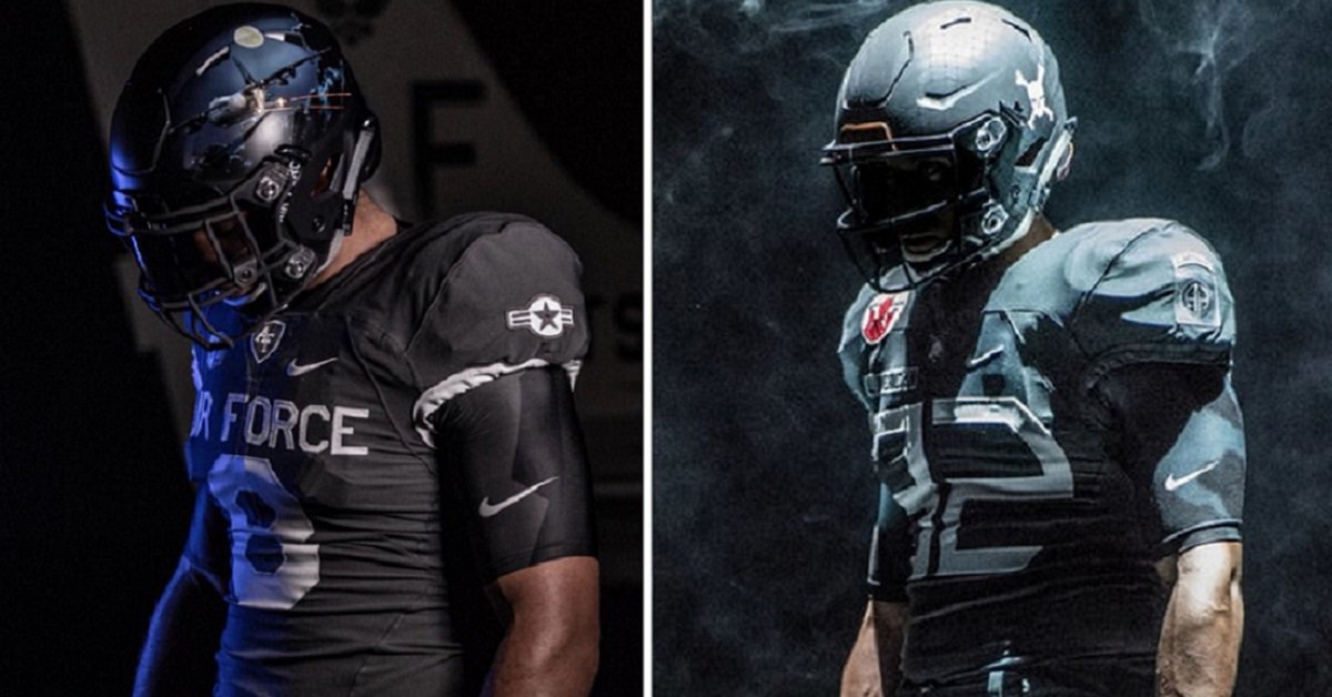 afteraction's tweet image. Left: Air Force alternate unis, 2018.
Right: Army West Point unis for Army-Navy game, 2016.
Note: Teams wearing uniform on right are 1-0 against other service academies.
@UniWatch
