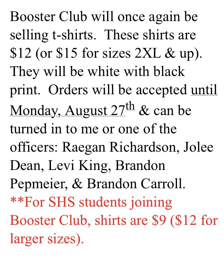 BoosterClubSHS's tweet photo. ⚪️BOOSTER CLUB MEMBERS MAKE SURE TO GET YOUR SHIRTS!! We will be having white outs and these will be perfect for that theme! Go to @durhamphipps or any of the officers to order one⚪️#makethisthebestyearyet https://t.co/6Zk0GFrSv0
