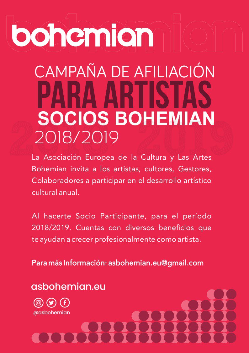 Ahora puedes ser parte de una Plataforma Artística Cultural y crecer junto a ella. Al afilarte a La Asociación Europea de La Cultura y las Artes Bohemian tienes múltiples ventajas; Además pasas a formar parte de un exclusivo Grupo que están en la búsqueda de la excelencia