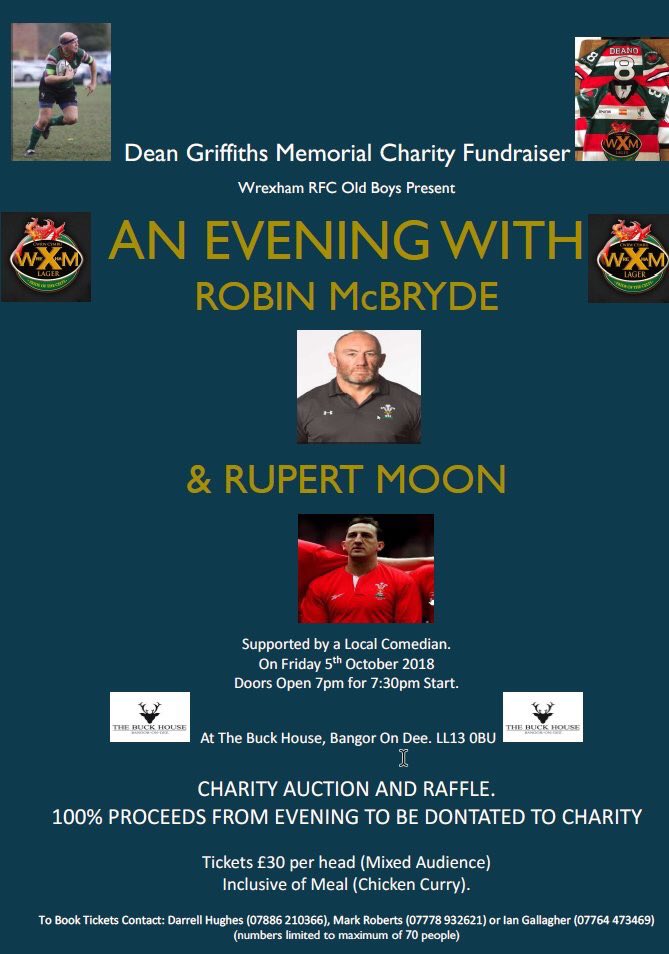 Me &amp; mate Robin McBryde back up North <a href="/BuckHouseBangor/">Buck House Hotel</a> with <a href="/WXM_Lager/">Wrexham Lager</a> to help raise money for the family of Dean Griffiths who sadly passed away last year. Plz RT 👍
leaderlive.co.uk/news/15926498.…

<a href="/wrexhamrfc/">Wrexham Rugby Club</a> <a href="/ruthinrugby/">Clwb Rygbi Rhuthun Rugby Club</a> <a href="/ovalzonerugby/">Oval Zone Rugby Mag</a> <a href="/WelshRugbyUnion/">Welsh Rugby Union 🏴󠁧󠁢󠁷󠁬󠁳󠁿</a> <a href="/wrexham/">Wrexham.com</a> <a href="/WrexhamFM/">Wrexham FM</a>