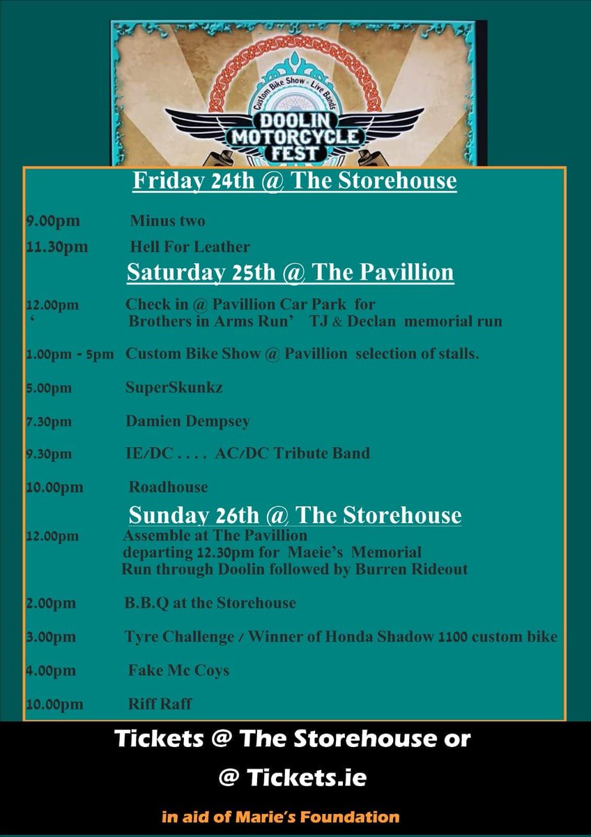 It's out! The festival programme for the Harley Fest in Lisdoonvarna 24-26 August! Have a look at it - BBQ, numerous gigs with fantastic bands, motor bike rides etc etc Tickets to be got at the Burren Storehouse or tickets.ie. See you there!