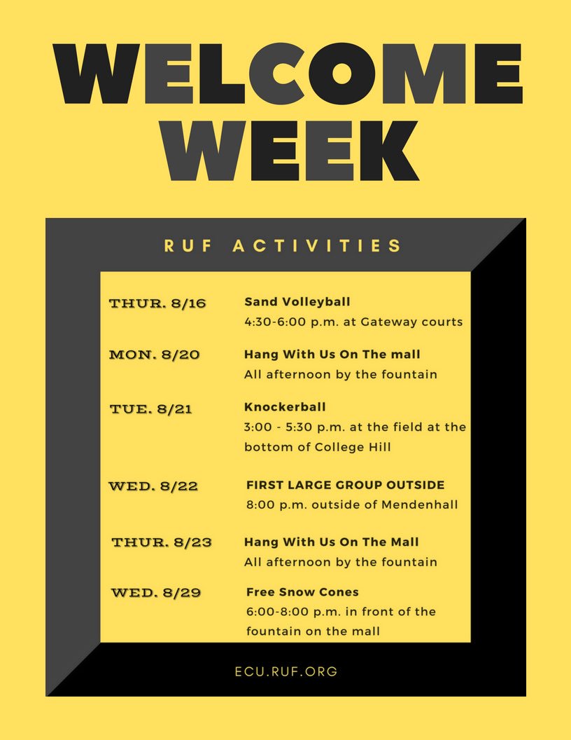 RUF_ECU's tweet photo. We are one week away people. This is not a drill. Check out everything we have going on during welcome week. We can’t wait to see you around! 
#ECU22 #arrrghuf https://t.co/WZAR1CAgux