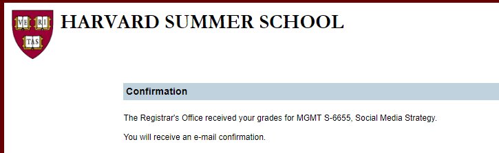 reallyleila's tweet photo. Grades in! Looking forward to finally starting my summer! Thank you all for a great class. And, thank you, @coricamrun, a million times over for all of your help and wolfness this summer. You rock! @harvardsummer #SMAnalyticsChat #social media https://t.co/Ci4MP12JWm