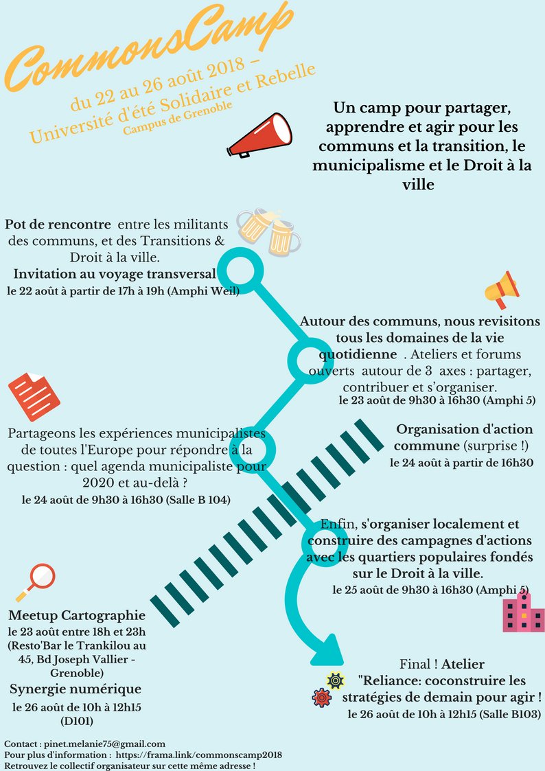 MFricaudet's tweet photo. Du 22 au 26 août, rencontrons-nous, débattons, organisons-nous
 #Communs,   #DroitàlaVille et  #Municipalisme  seront au rendez-vous du Common Camp de l'@UEsolidaire de #Grenoble ! https://t.co/XoqDXwZ3ya