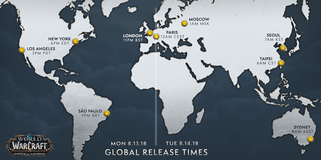 Warcraft's tweet image. Are you ready for #BattleForAzeroth?

Check below to learn what time you can begin exploring Kul Tiras or Zandalar!

🕒 blizz.ly/BfALaunch