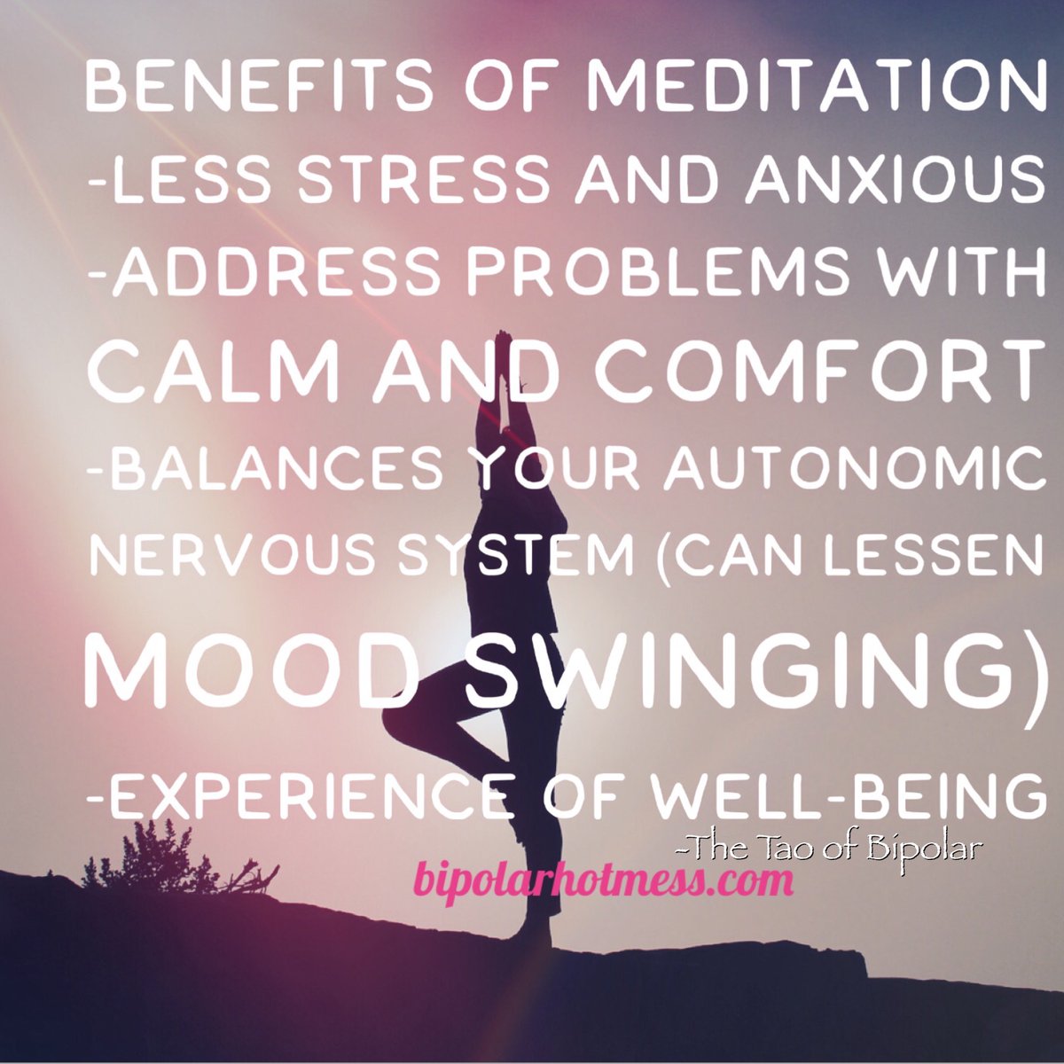 BipolarHotMess's tweet photo. The benefits of #meditation. From the book #TheTaoOfBipolarDisorder #bipolarhotmess #bipolarhotmessTips https://t.co/NIGtSRyI8n