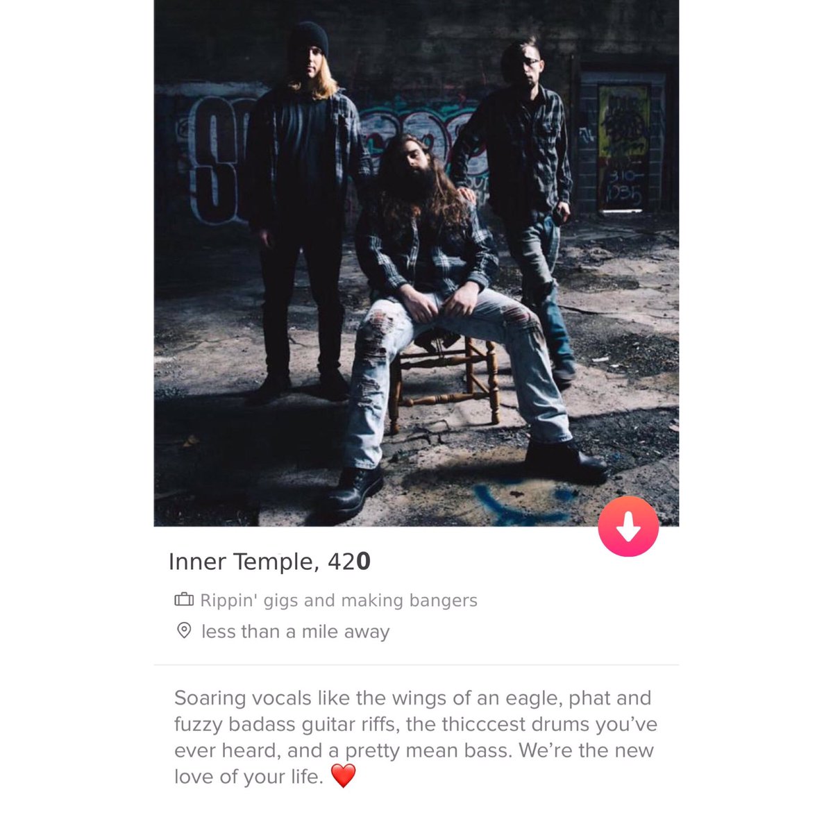 InnerTemplePA's tweet photo. Right swipe. ➡️ Super Like. ⭐️ #Innertemple #alternative #alt #rock #alternativerock #lit #tinder #rightswipe #swiperight #superlike #music #newmusic #newartists #hustle #grind #work #grunge #emo #goth https://t.co/YaeBU2nFQQ