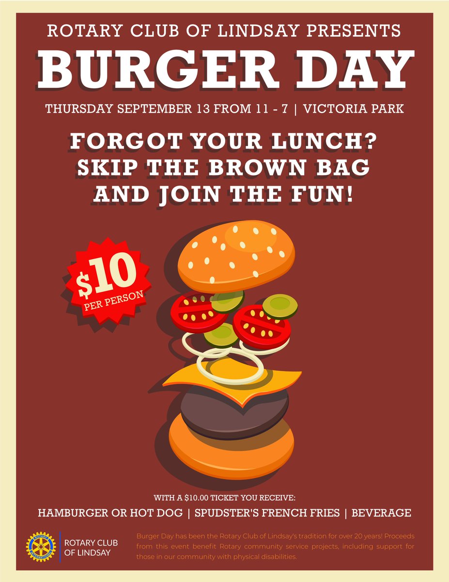 Save the date - Thurs. Sept 13 - Victoria Park, Lindsay . 
We'll make you Lunch... or dinner.  
<a href="/Lindsay_Rotary/">Lindsay Rotary Club</a> #kawarthalakes